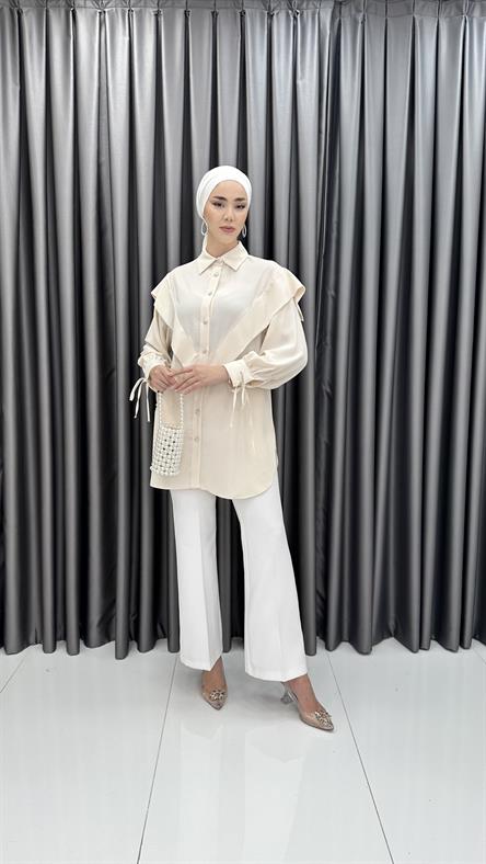 7100 L - V Kesim ve Bilekten Bağlama Detaylı Tensel Bayan Tunik-Taş