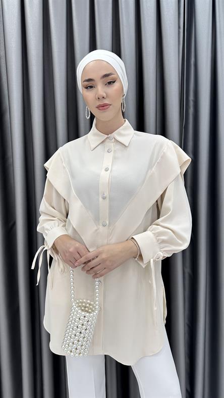 7100 L - V Kesim ve Bilekten Bağlama Detaylı Tensel Bayan Tunik-Taş