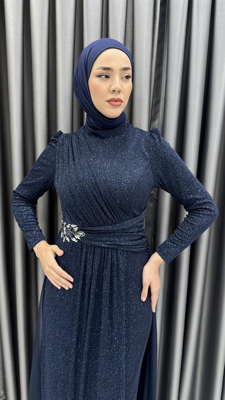 711 G - ELİZA Taş Detaylı Arkası Uzun Kesim Simli Sandy Abiye Elbise-Lacivert