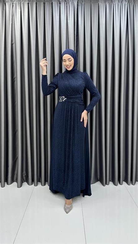 711 G - ELİZA Taş Detaylı Arkası Uzun Kesim Simli Sandy Abiye Elbise-Lacivert