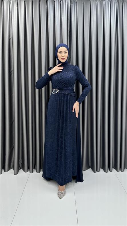 711 G - ELİZA Taş Detaylı Arkası Uzun Kesim Simli Sandy Abiye Elbise-Lacivert