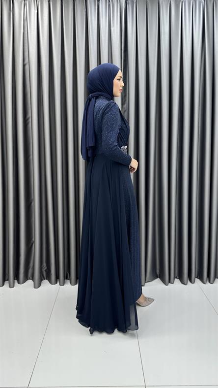 711 G - ELİZA Taş Detaylı Arkası Uzun Kesim Simli Sandy Abiye Elbise-Lacivert