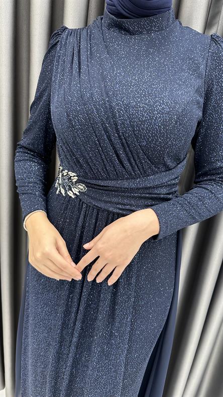 711 G - ELİZA Taş Detaylı Arkası Uzun Kesim Simli Sandy Abiye Elbise-Lacivert