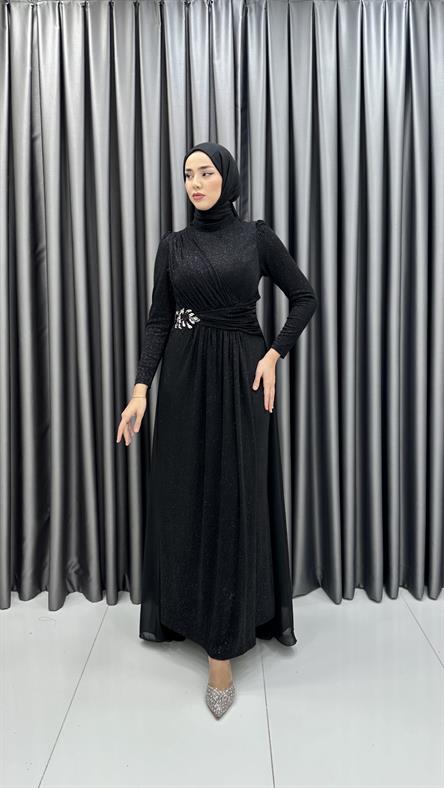 711 G - ELİZA Taş Detaylı Arkası Uzun Kesim Simli Sandy Abiye Elbise-Siyah