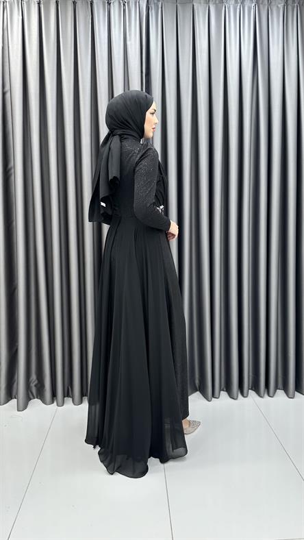 711 G - ELİZA Taş Detaylı Arkası Uzun Kesim Simli Sandy Abiye Elbise-Siyah