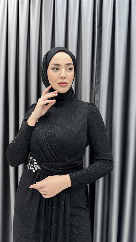 711 G - ELİZA Taş Detaylı Arkası Uzun Kesim Simli Sandy Abiye Elbise-Siyah