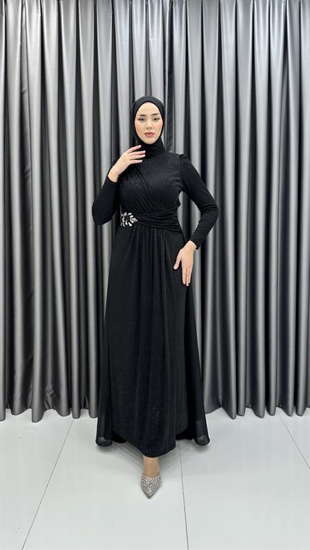 711 G - ELİZA Taş Detaylı Arkası Uzun Kesim Simli Sandy Abiye Elbise-Siyah