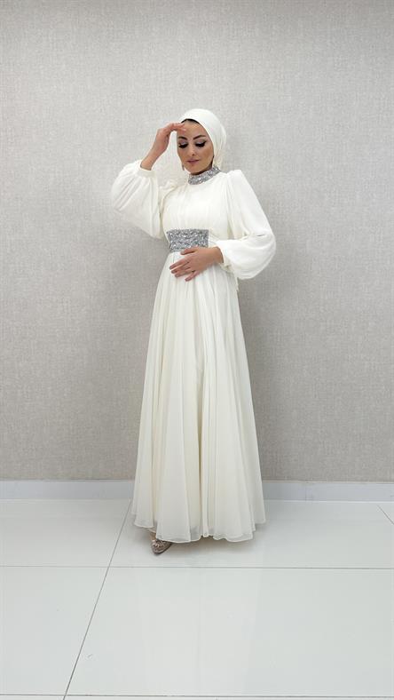 715 G - Taşlı Kemer ve Yaka Detaylı Şifon Abiye Elbise-Ekru
