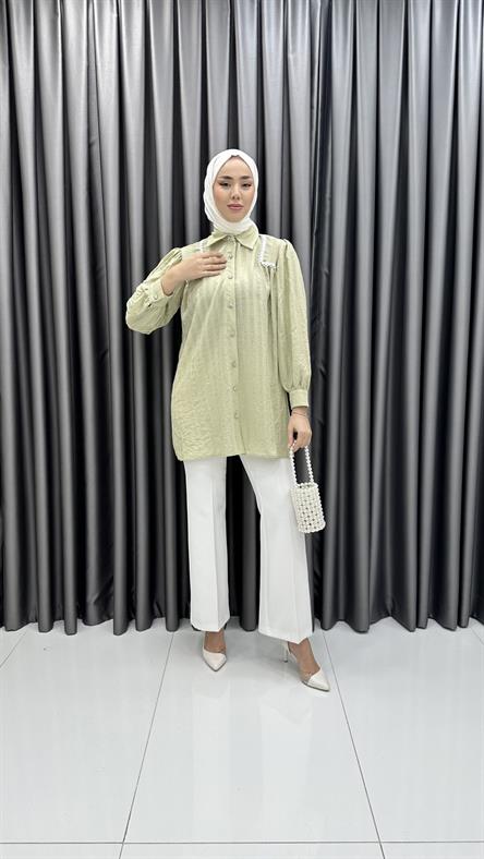 7217 L - Dantel Detaylı ve Taşlı Düğmeli Tensel Bayan Tunik-Yeşil