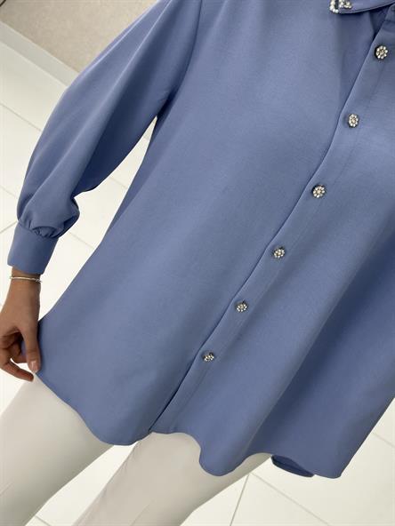 7272 L - İnci İşlemeli Yaka ve Taşlı Düğme Detaylı Tensel Bayan Tunik-Mavi