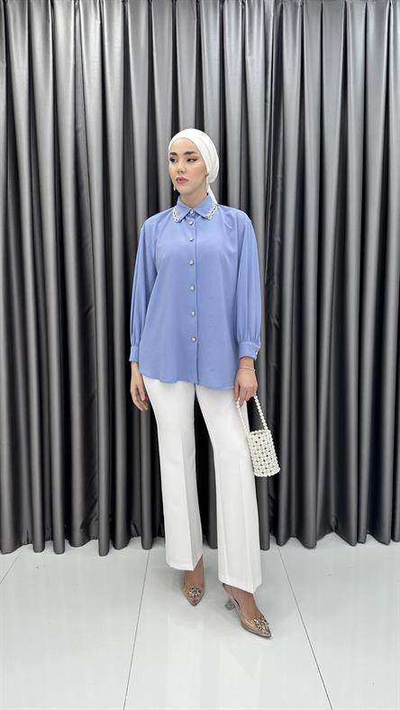 7272 L - İnci İşlemeli Yaka ve Taşlı Düğme Detaylı Tensel Bayan Tunik-Mavi