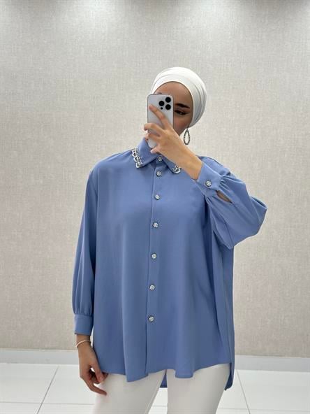 7272 L - İnci İşlemeli Yaka ve Taşlı Düğme Detaylı Tensel Bayan Tunik-Mavi