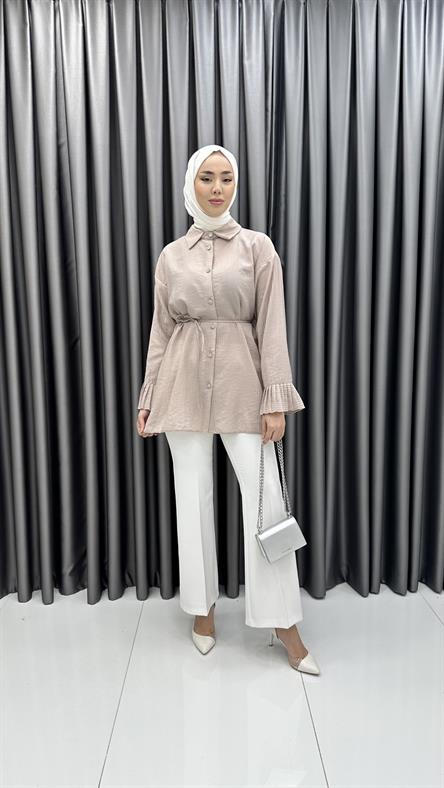 7278 L - Fırfırlı Manşet ve Belden Bağlama Detaylı Tensel Bayan Tunik-Vizon