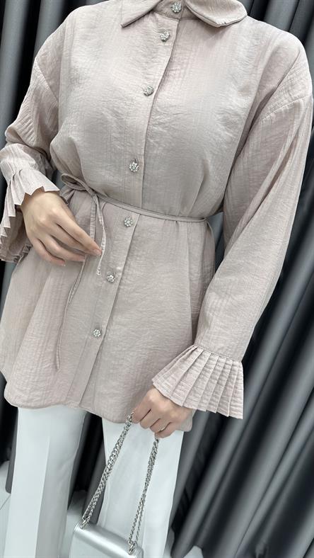 7278 L - Fırfırlı Manşet ve Belden Bağlama Detaylı Tensel Bayan Tunik-Vizon