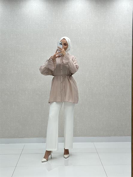 7278 L - Fırfırlı Manşet ve Belden Bağlama Detaylı Tensel Bayan Tunik-Vizon