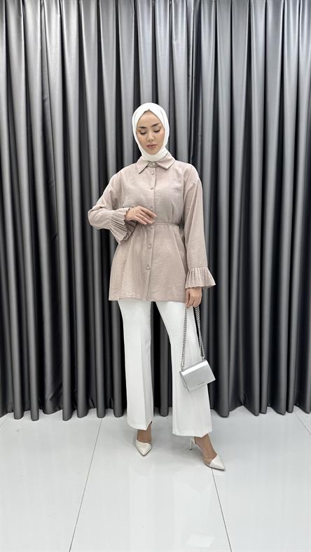 7278 L - Fırfırlı Manşet ve Belden Bağlama Detaylı Tensel Bayan Tunik-Vizon