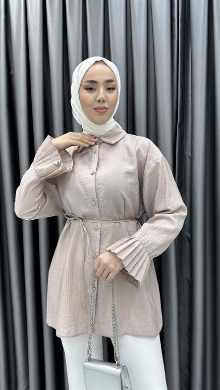 7278 L - Fırfırlı Manşet ve Belden Bağlama Detaylı Tensel Bayan Tunik-Vizon