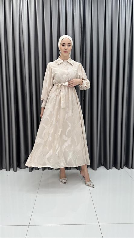 7281 L - Fırfır Detaylı ve Belden Bağlamalı Jakar Bayan Elbise-Krem