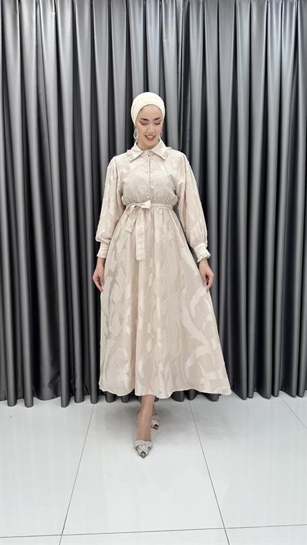 7281 L - Fırfır Detaylı ve Belden Bağlamalı Jakar Bayan Elbise-Krem