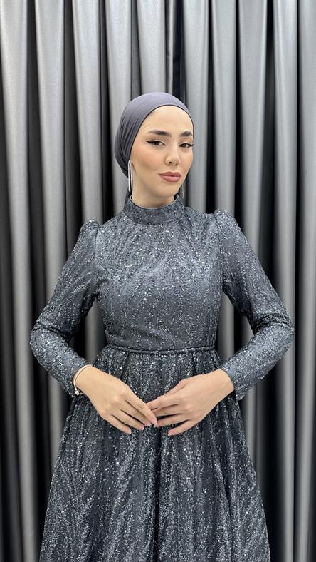 743 G - LEYLA Prenses Kesim Simli Tül Abiye Elbise-Antrasit