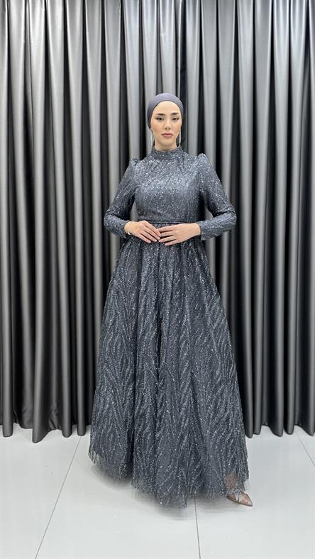 743 G - LEYLA Prenses Kesim Simli Tül Abiye Elbise-Antrasit