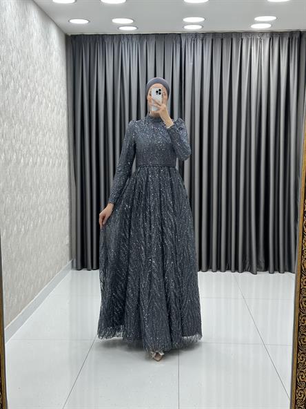 743 G - LEYLA Prenses Kesim Simli Tül Abiye Elbise-Antrasit