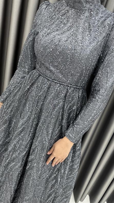 743 G - LEYLA Prenses Kesim Simli Tül Abiye Elbise-Antrasit