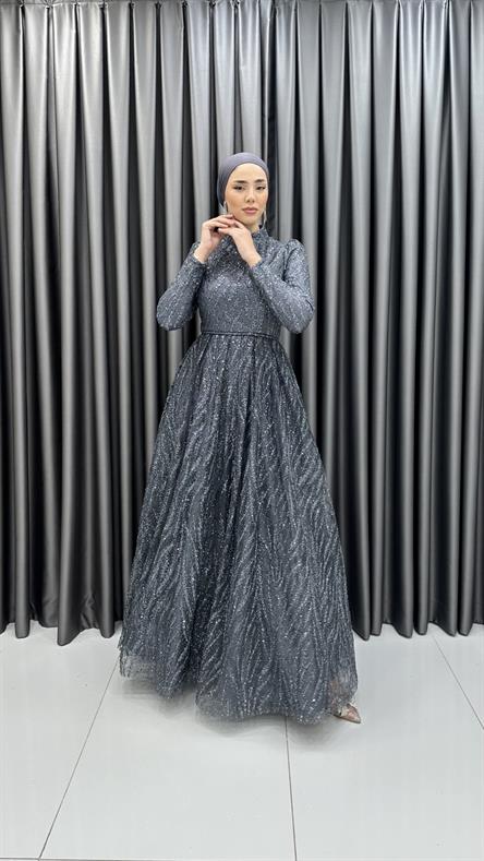 743 G - LEYLA Prenses Kesim Simli Tül Abiye Elbise-Antrasit