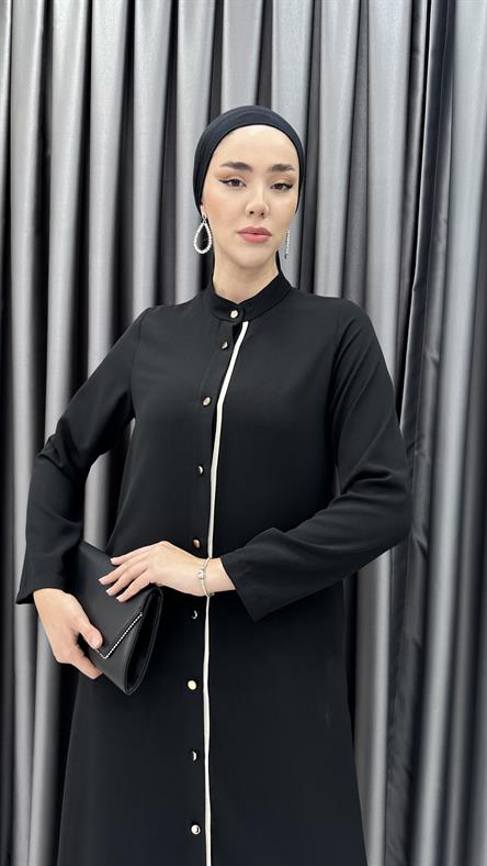 7599 N - Düğme Kapamalı Rahat Kesim Maksi Boy Tensel Kumaş Tunik-Siyah