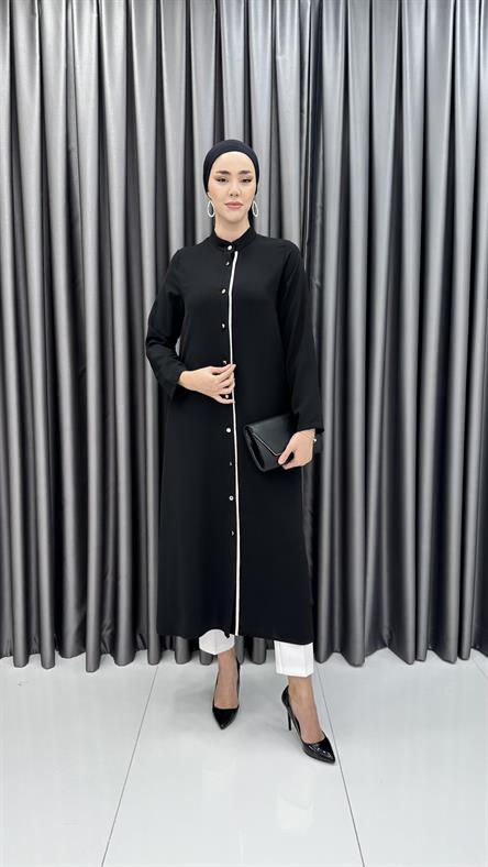 7599 N - Düğme Kapamalı Rahat Kesim Maksi Boy Tensel Kumaş Tunik-Siyah