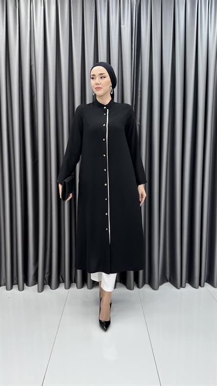 7599 N - Düğme Kapamalı Rahat Kesim Maksi Boy Tensel Kumaş Tunik-Siyah