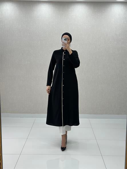 7599 N - Düğme Kapamalı Rahat Kesim Maksi Boy Tensel Kumaş Tunik-Siyah