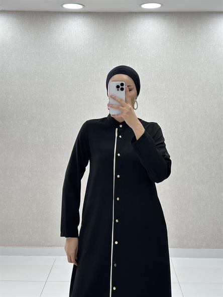 7599 N - Düğme Kapamalı Rahat Kesim Maksi Boy Tensel Kumaş Tunik-Siyah