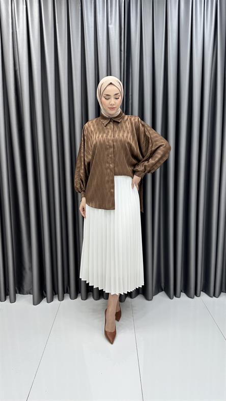 8218 H - Bilekten Bağlama Detaylı ve Yarasa Kollu Jakar Bayan Gömlek-Kahve Rengi