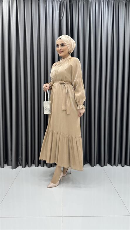 8232 H - Etek Ucu Volan ve Belden Bağlama Detaylı Balon Kollu Bayan Elbise-Bej