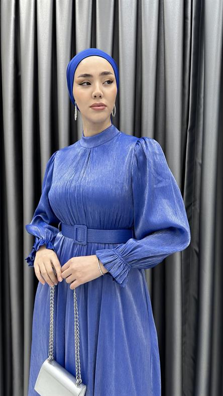 8260 H - Fırfırlı Manşet ve Kemer Detaylı Parlak Bayan Elbise-Mavi