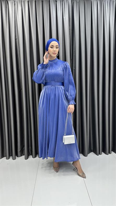 8260 H - Fırfırlı Manşet ve Kemer Detaylı Parlak Bayan Elbise-Mavi