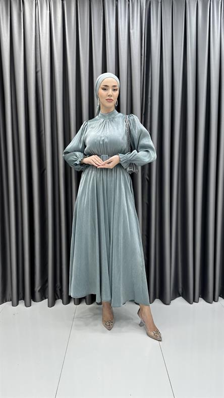 8260 H - Fırfırlı Manşet ve Kemer Detaylı Parlak Bayan Elbise-Mint