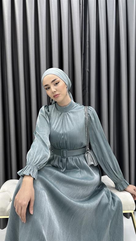 8260 H - Fırfırlı Manşet ve Kemer Detaylı Parlak Bayan Elbise-Mint