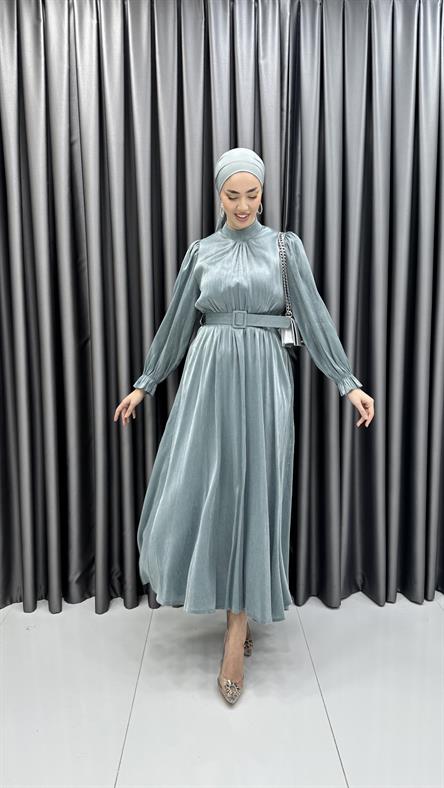 8260 H - Fırfırlı Manşet ve Kemer Detaylı Parlak Bayan Elbise-Mint