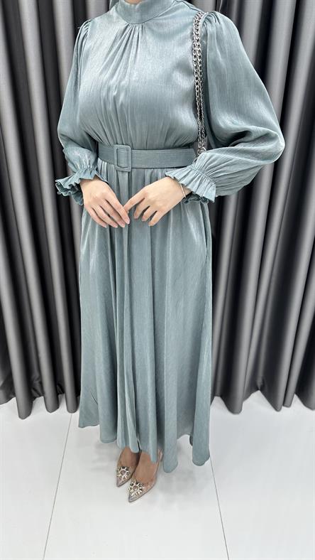 8260 H - Fırfırlı Manşet ve Kemer Detaylı Parlak Bayan Elbise-Mint