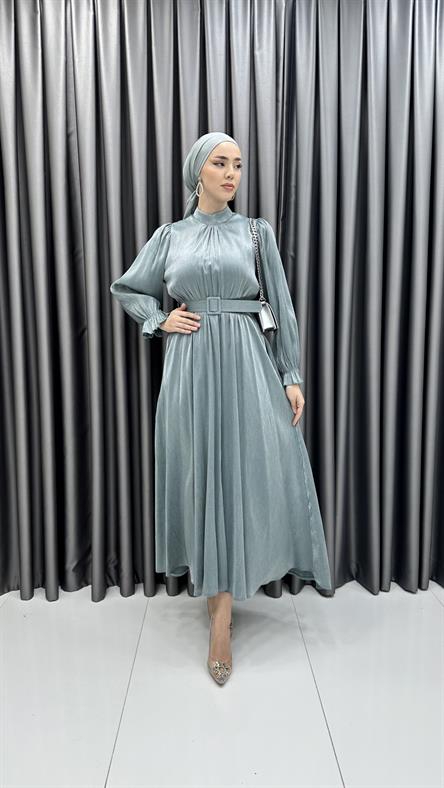 8260 H - Fırfırlı Manşet ve Kemer Detaylı Parlak Bayan Elbise-Mint