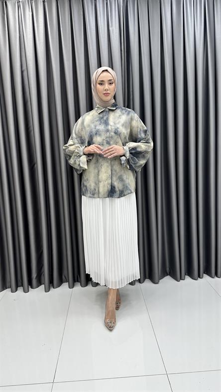 8262 H - Kendinden Desenli Parlak Kumaş Bayan Tunik-Gri