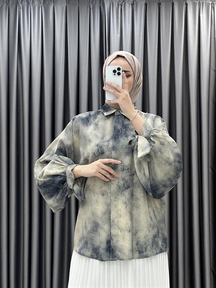 8262 H - Kendinden Desenli Parlak Kumaş Bayan Tunik-Gri