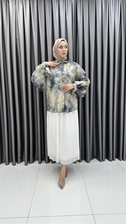 8262 H - Kendinden Desenli Parlak Kumaş Bayan Tunik-Gri