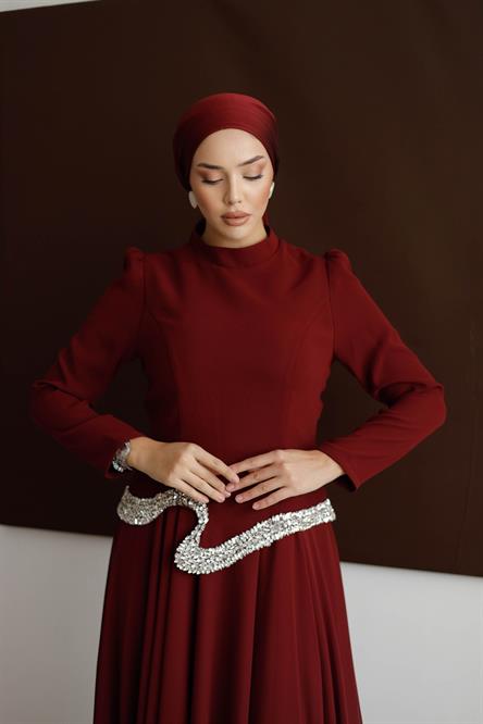 838 G Abiye Elbise-Bordo