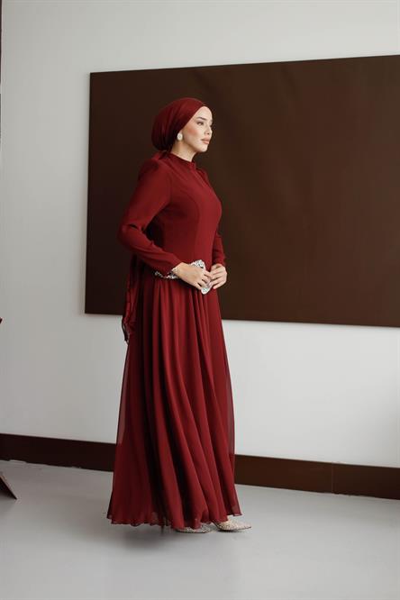838 G Abiye Elbise-Bordo