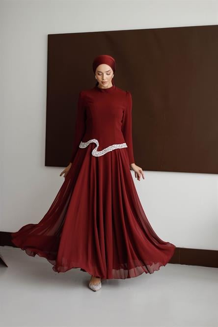 838 G Abiye Elbise-Bordo