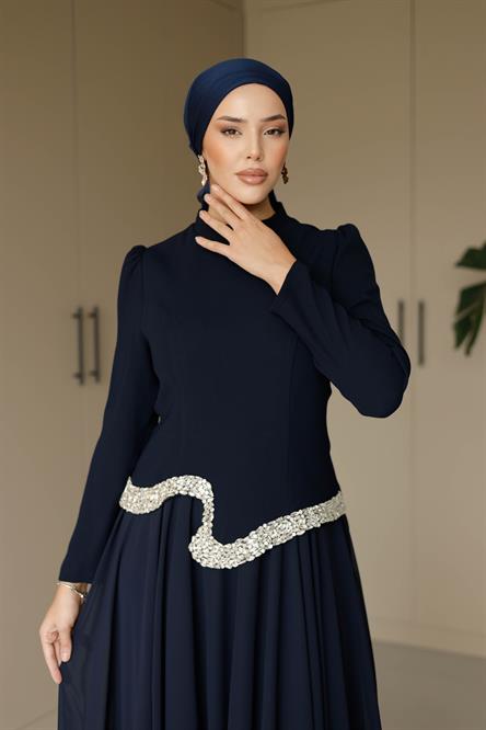 838 G Abiye Elbise-Lacivert