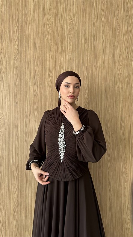 845 F Yaprak Abiye-Kahve Rengi
